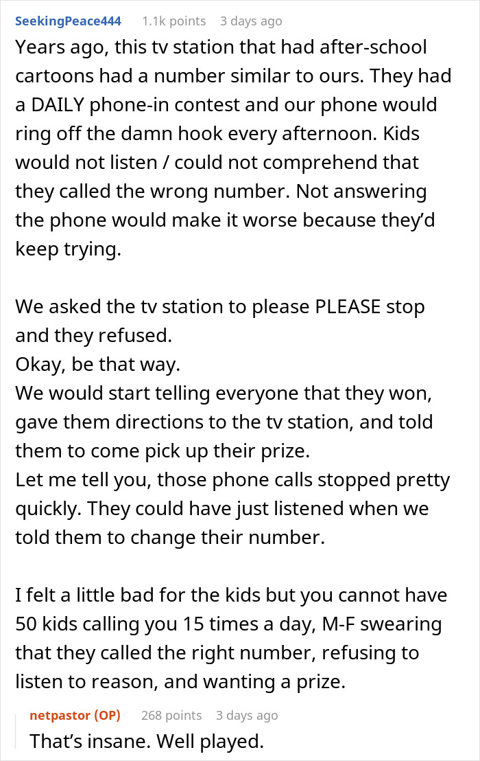 Text exchange about phone number mix-up with a TV station's contest. Sarcastic comment on dealing with mistaken calls. Text exchange about phone number mix-up with a TV station's contest. Sarcastic comment on dealing with mistaken calls.