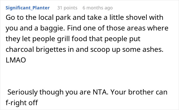 A humorous Reddit comment about gathering ashes from a park grill, referencing a family dispute. A humorous Reddit comment about gathering ashes from a park grill, referencing a family dispute.