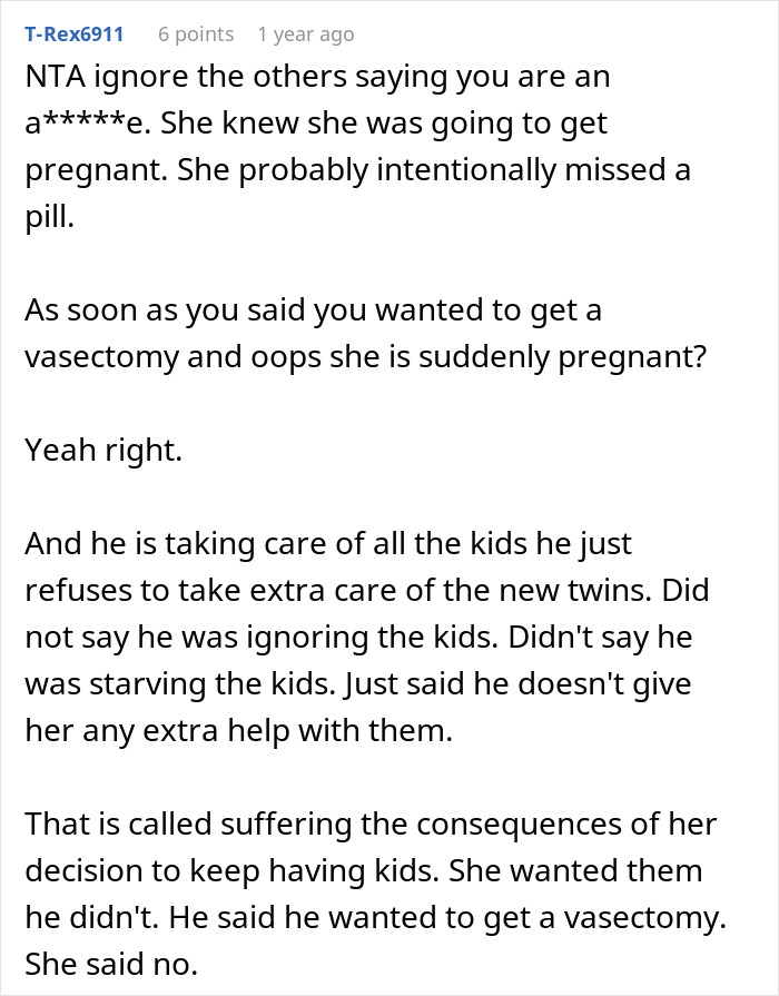 Text discussing a dad refusing to help with newborn twins, mentioning vasectomy decision consequences. Text discussing a dad refusing to help with newborn twins, mentioning vasectomy decision consequences.