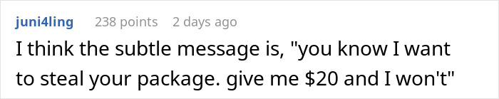 Comment about a neighbor borrowing money while delivering packages. Comment about a neighbor borrowing money while delivering packages.