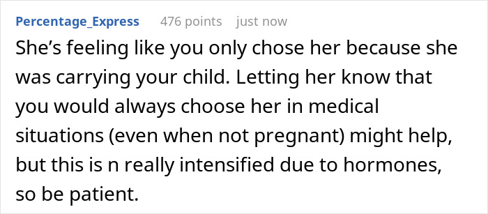 Online comment discussing feelings of wife upset about husband's motives during labor, focusing on the newborn. Online comment discussing feelings of wife upset about husband's motives during labor, focusing on the newborn.