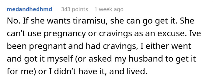 A comment discussing pregnant coworker food cravings, mentioning tiramisu. A comment discussing pregnant coworker food cravings, mentioning tiramisu.