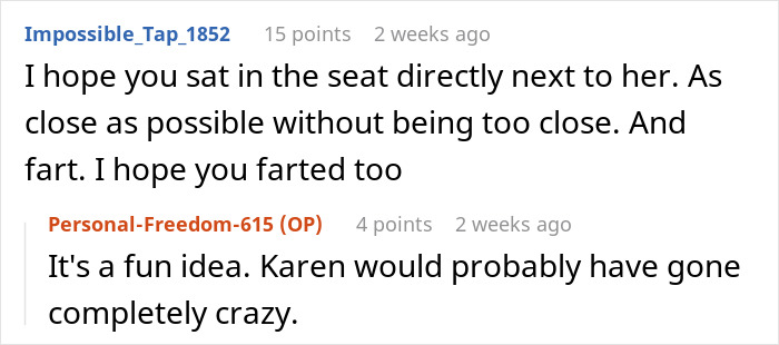 Reddit comments about a woman confronting a 'Karen' on a bus, with humorous suggestions. Reddit comments about a woman confronting a 'Karen' on a bus, with humorous suggestions.