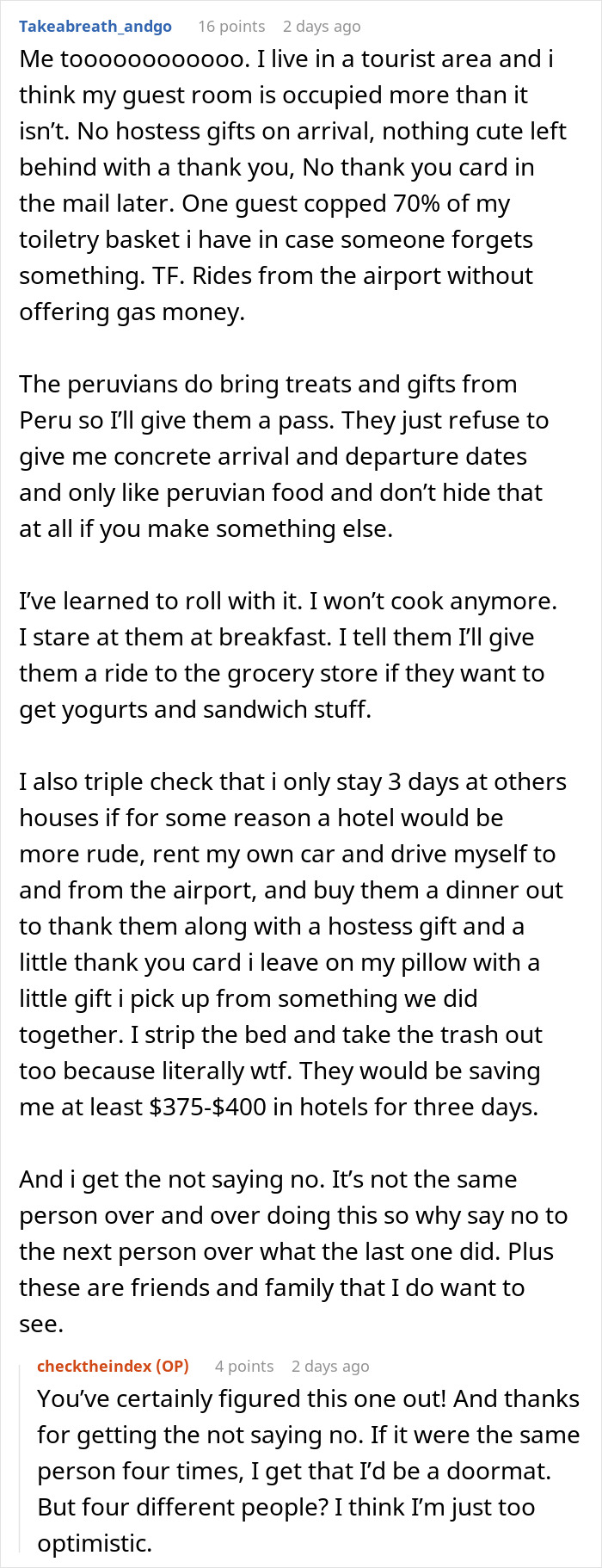 Text conversation about houseguests treating a woman's home like a hotel without showing appreciation. Text conversation about houseguests treating a woman's home like a hotel without showing appreciation.