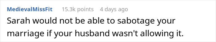Comment highlighting relationship interference, discussing a husband's allowance of behavior impacting marriage. Comment highlighting relationship interference, discussing a husband's allowance of behavior impacting marriage.