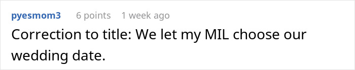 Comment about MIL choosing couple's wedding date with user details and post timestamp. Comment about MIL choosing couple's wedding date with user details and post timestamp.