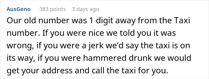 Text about using a phone number for taxi calls, humorously describing various reactions to incorrect calls. Text about using a phone number for taxi calls, humorously describing various reactions to incorrect calls.