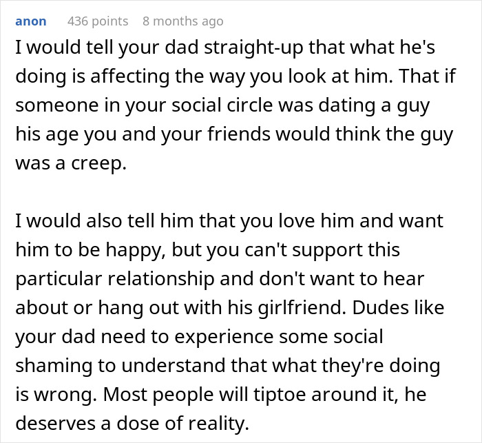 Text advice on a forum discussing discomfort with dad's younger girlfriend; seeks relationship guidance. Text advice on a forum discussing discomfort with dad's younger girlfriend; seeks relationship guidance.