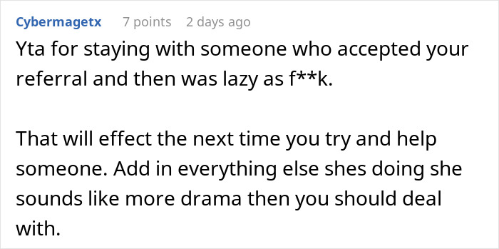 Comment discussing blame for not passing probation due to lateness, mentioning drama in a relationship. Comment discussing blame for not passing probation due to lateness, mentioning drama in a relationship.