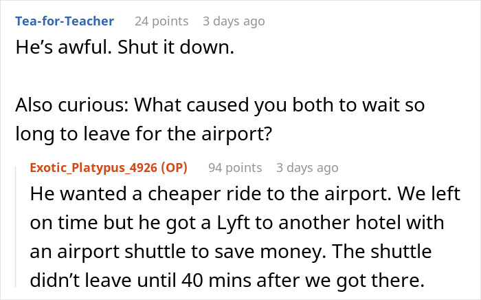 Text exchange about a delayed airport trip, seeking cheaper transportation options, causing missed flight. Text exchange about a delayed airport trip, seeking cheaper transportation options, causing missed flight.
