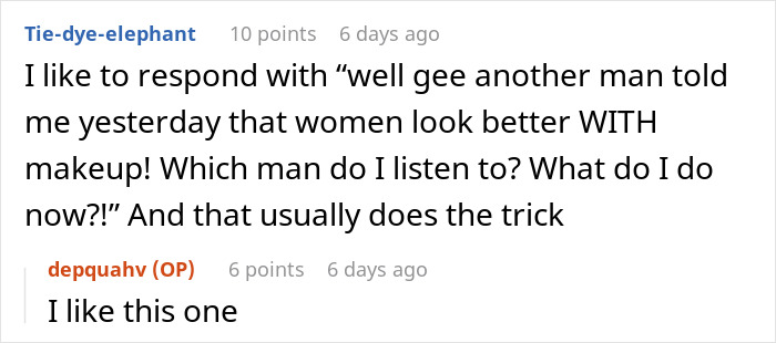 Comment exchange about coworker's audacity, with a witty response about makeup preferences. Comment exchange about coworker's audacity, with a witty response about makeup preferences.