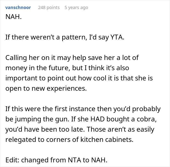 Comment discussing a woman's pattern of adopting boyfriends' hobbies, potential cobra ownership, and advice to stop. Comment discussing a woman's pattern of adopting boyfriends' hobbies, potential cobra ownership, and advice to stop.