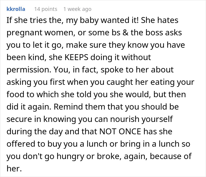 Text conversation about food issues with a pregnant coworker and workplace dynamics. Text conversation about food issues with a pregnant coworker and workplace dynamics.