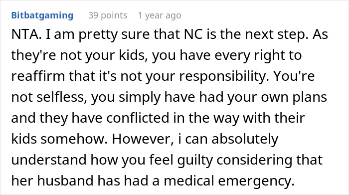 Reddit comment discussing a woman's refusal to alter an $18K trip despite her sister's plea for help. Reddit comment discussing a woman's refusal to alter an $18K trip despite her sister's plea for help.