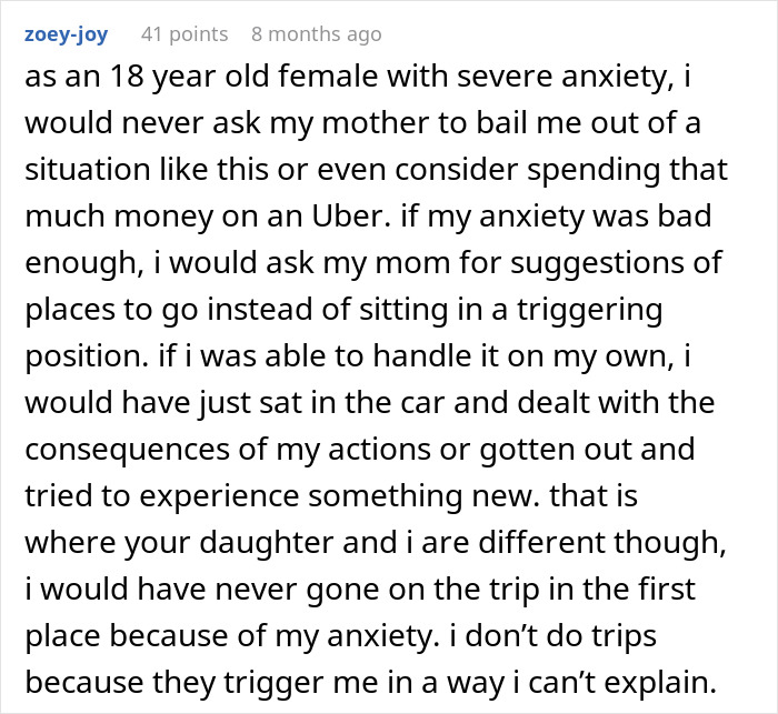 Text comment about anxiety and coping strategies related to road trips and emergency costs like $250 Uber. Text comment about anxiety and coping strategies related to road trips and emergency costs like $250 Uber.