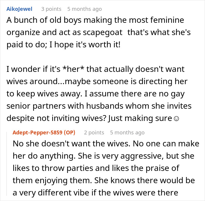 Reddit thread discussing husband's coworkers' game excluding wives, raising relationship tensions. Reddit thread discussing husband's coworkers' game excluding wives, raising relationship tensions.