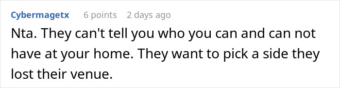 Text comment discussing refusal to let friends use backyard for wedding after denying a plus-one. Text comment discussing refusal to let friends use backyard for wedding after denying a plus-one.