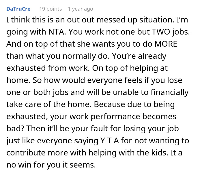 Text post expressing support for dad refusing to help with newborn twins due to exhaustion from working two jobs. Text post expressing support for dad refusing to help with newborn twins due to exhaustion from working two jobs.