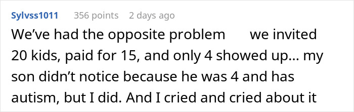 Text about a child's birthday party where only a few guests showed up, shared by a parent on social media. Text about a child's birthday party where only a few guests showed up, shared by a parent on social media.