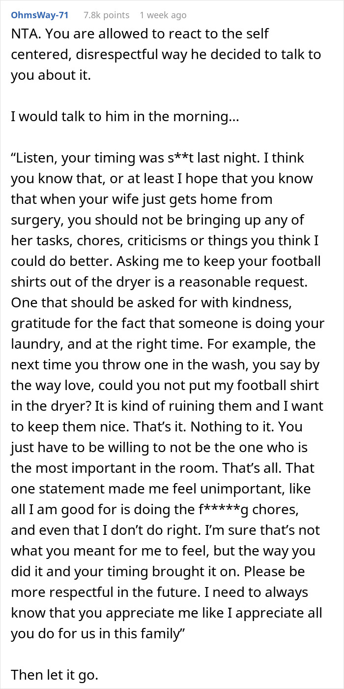 Text post discussing a husband’s untimely comment about laundry after his wife got home from surgery. Text post discussing a husband’s untimely comment about laundry after his wife got home from surgery.