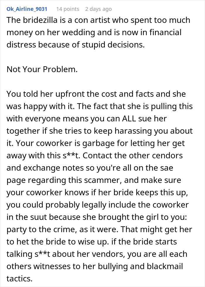 Text from a forum discussing a bridezilla seeking refunds after her wedding didn't work out. Text from a forum discussing a bridezilla seeking refunds after her wedding didn't work out.