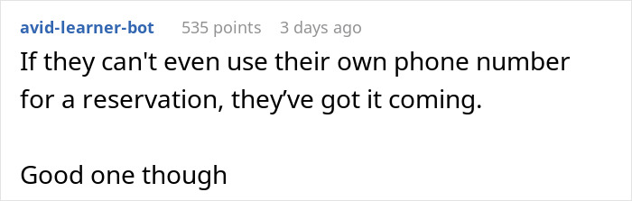 Comment discusses using own phone number for reservations, hinting at a Valentine's Day scenario. Comment discusses using own phone number for reservations, hinting at a Valentine's Day scenario.