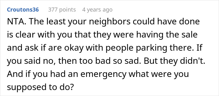 Text comment about a yard sale and neighbor's parking issues. Text comment about a yard sale and neighbor's parking issues.