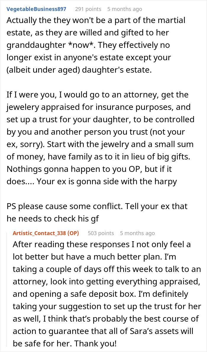 Comment about jewelry dispute involving boyfriend's stepdaughter and her mom's refusal, discussing legal steps. Comment about jewelry dispute involving boyfriend's stepdaughter and her mom's refusal, discussing legal steps.