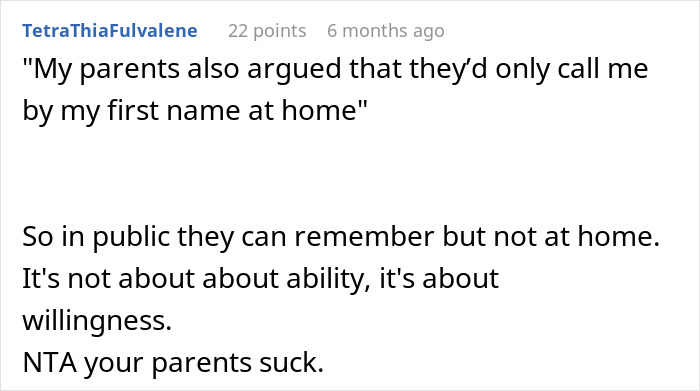 Reddit comment discussing parents choosing a child's name based on willingness, titled by TetraThiaFulvalene. Reddit comment discussing parents choosing a child's name based on willingness, titled by TetraThiaFulvalene.