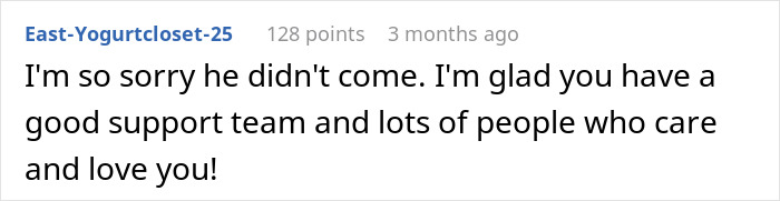 Comment expressing empathy about a dad skipping his daughter's wedding, highlighting support and care from loved ones. Comment expressing empathy about a dad skipping his daughter's wedding, highlighting support and care from loved ones.
