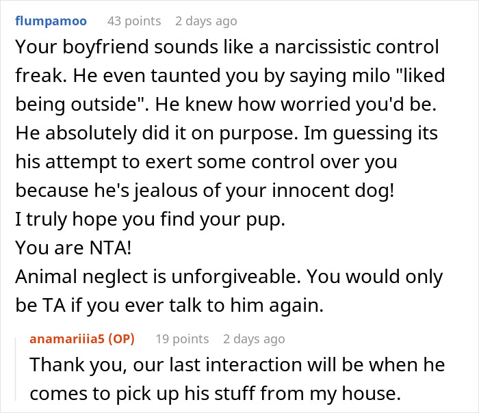 Reddit comment about woman's lost dog incident, criticizing her boyfriend for neglect and reassuring the woman. Reddit comment about woman's lost dog incident, criticizing her boyfriend for neglect and reassuring the woman.