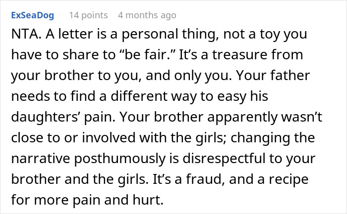 Text comment discussing a teen's refusal to share brother's last words with siblings. Text comment discussing a teen's refusal to share brother's last words with siblings.