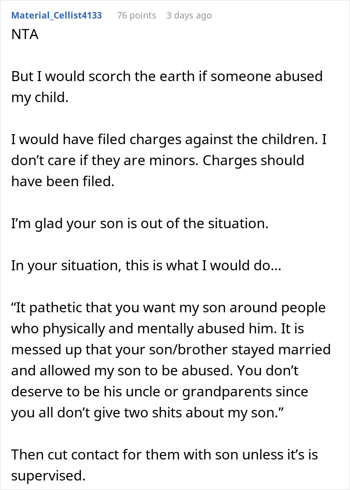 Reddit comment discussing a situation where a mom defends her son from stepsiblings' abuse. Reddit comment discussing a situation where a mom defends her son from stepsiblings' abuse.