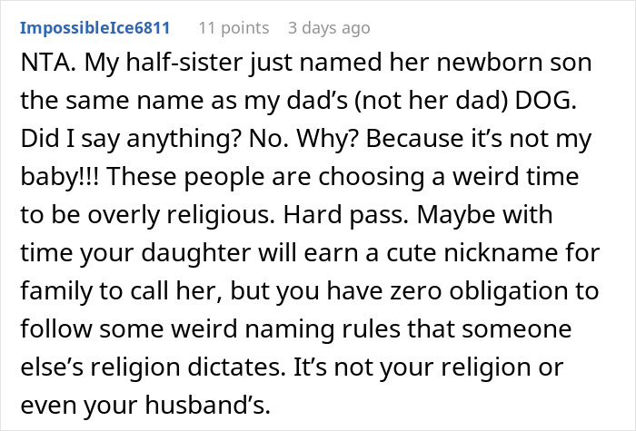 Text exchange discussing unconventional baby naming related to family and religious traditions. Text exchange discussing unconventional baby naming related to family and religious traditions.
