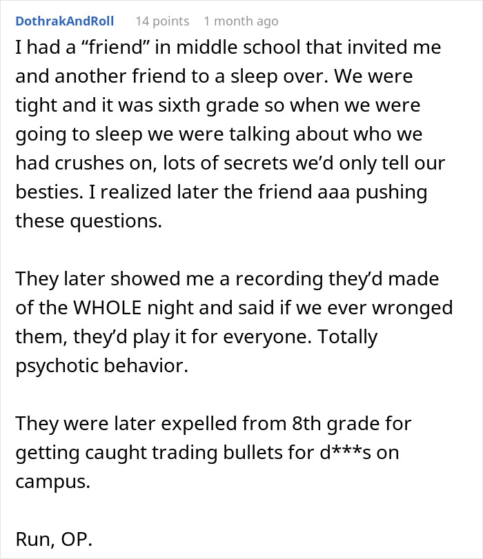 Text screenshot discussing a shocking middle school friend's behavior and secrets uncovered. Text screenshot discussing a shocking middle school friend's behavior and secrets uncovered.