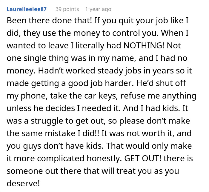 Text discussing the impact of quitting a job due to marital pressure, highlighting financial control and personal struggles. Text discussing the impact of quitting a job due to marital pressure, highlighting financial control and personal struggles.