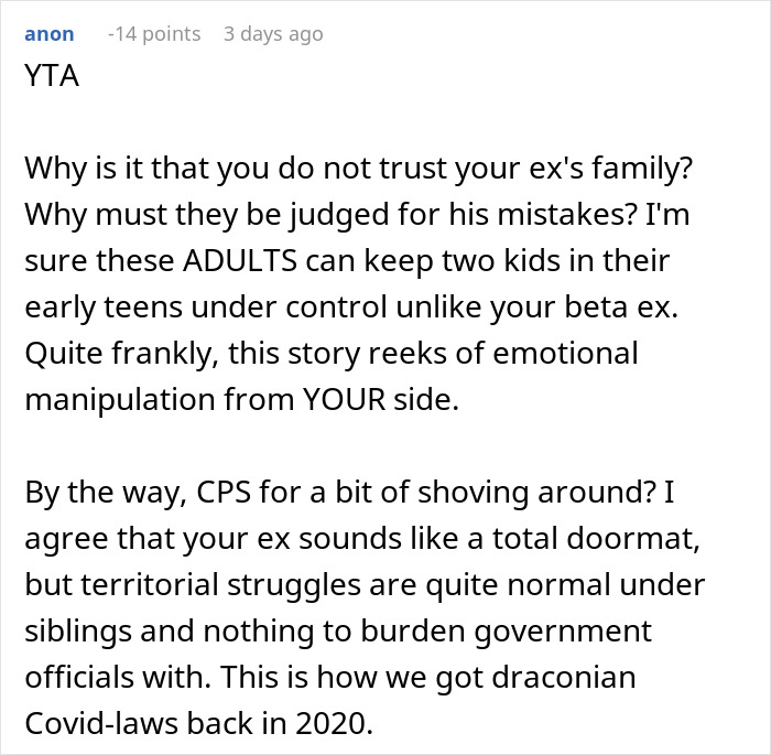 Reddit comment criticizing a mom's decision about her son's stepsiblings, calling her unfair and too strict. Reddit comment criticizing a mom's decision about her son's stepsiblings, calling her unfair and too strict.