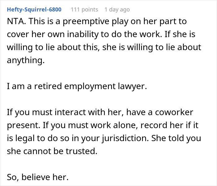Reddit comment discussing coworker dynamics and HR issues. Reddit comment discussing coworker dynamics and HR issues.