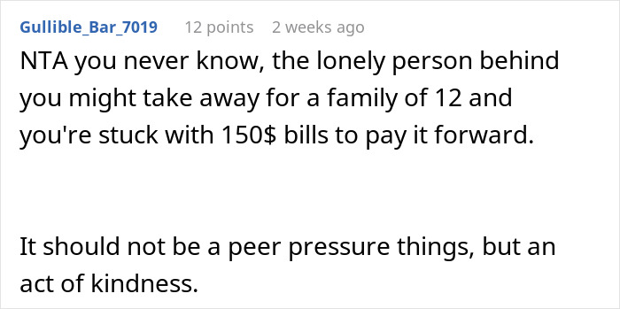 Text discussing the reasons for not continuing a pay-it-forward chain due to potential large costs. Text discussing the reasons for not continuing a pay-it-forward chain due to potential large costs.