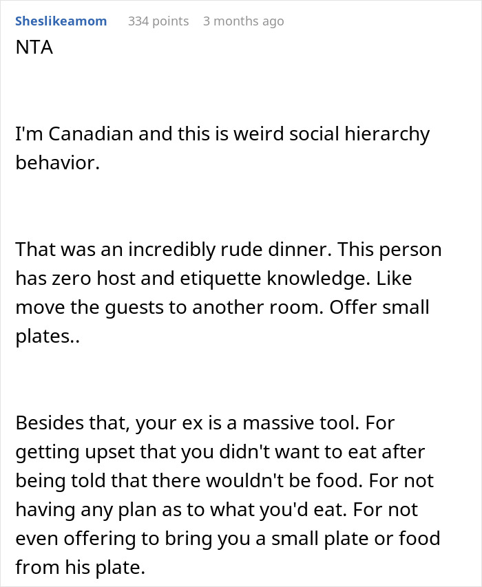 Reddit comment discussing rude behavior at a dinner, criticizing host's etiquette and hospitality. Reddit comment discussing rude behavior at a dinner, criticizing host's etiquette and hospitality.