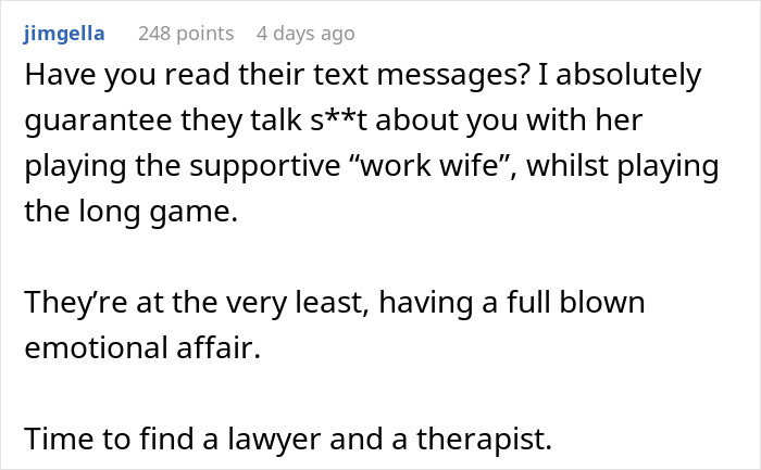 Comment discussing the presence of a “work wife” causing emotional strain in a marriage. Comment discussing the presence of a “work wife” causing emotional strain in a marriage.