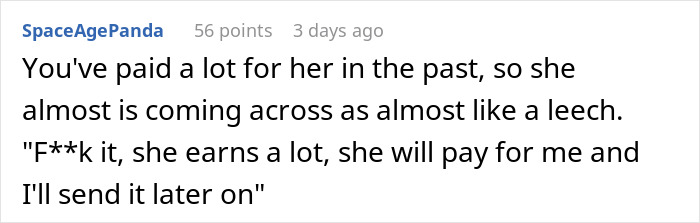 Reddit comment containing a discussion about paying for a vacation, mentioning a friend who has no money. Reddit comment containing a discussion about paying for a vacation, mentioning a friend who has no money.