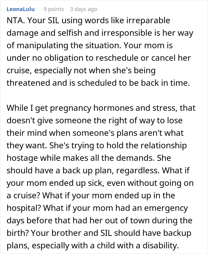 Comment discussing mom refusing to cancel cruise due to potential early birth, emphasizing planned return before birth. Comment discussing mom refusing to cancel cruise due to potential early birth, emphasizing planned return before birth.