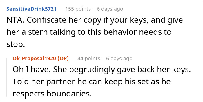 Reddit comments about a mom letting herself into her daughter's home, discussing boundaries and key confiscation. Reddit comments about a mom letting herself into her daughter's home, discussing boundaries and key confiscation.