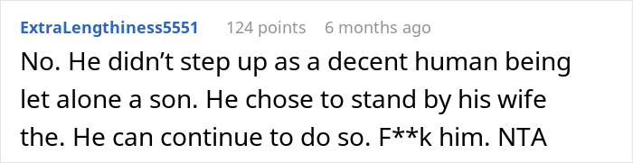 A Reddit comment criticizing a person's decision regarding family and loyalty. A Reddit comment criticizing a person's decision regarding family and loyalty.