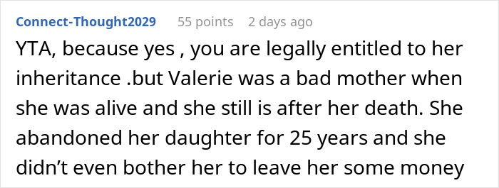 Reddit comment discussing entitlement and inheritance related to a friend's daughter. Reddit comment discussing entitlement and inheritance related to a friend's daughter.
