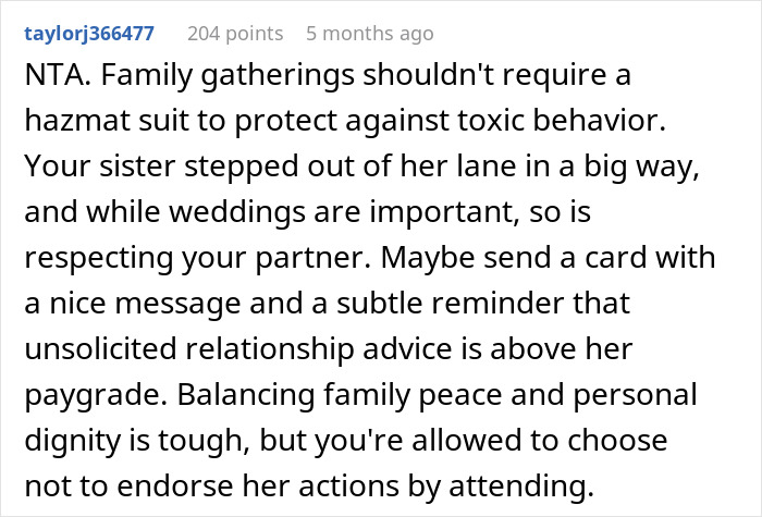 Reddit comment about family dynamics, emphasizing the importance of respecting partners over weddings. Reddit comment about family dynamics, emphasizing the importance of respecting partners over weddings.