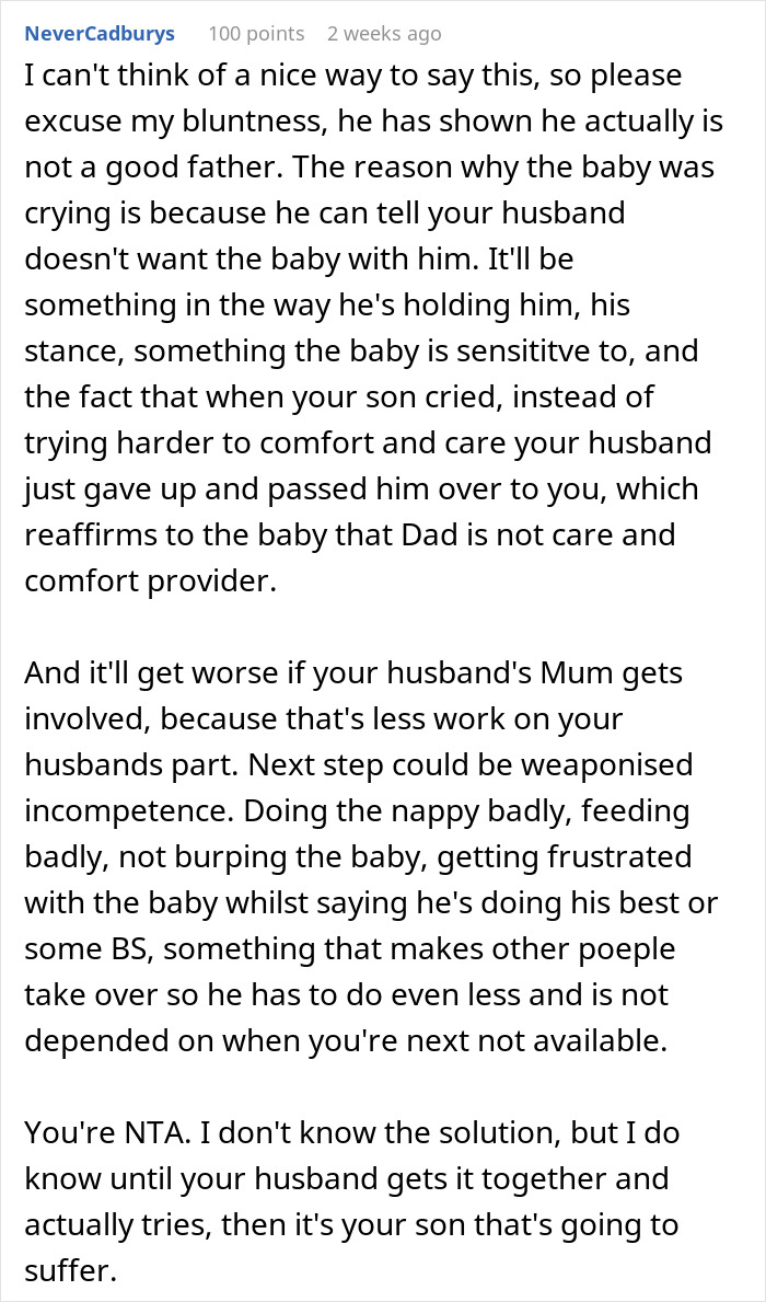 Text discussion about wife coddling husband, parenting challenges, and infant care responsibilities. Text discussion about wife coddling husband, parenting challenges, and infant care responsibilities.