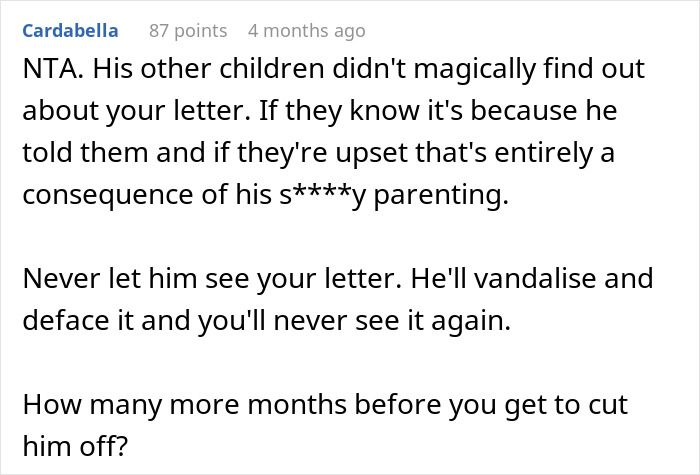 Comment discussing parenting and a refusal to share a letter with siblings. Comment discussing parenting and a refusal to share a letter with siblings.