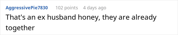 Comment discussing a man's ex-husband and another person already being together, addressing a "work wife" situation. Comment discussing a man's ex-husband and another person already being together, addressing a "work wife" situation.